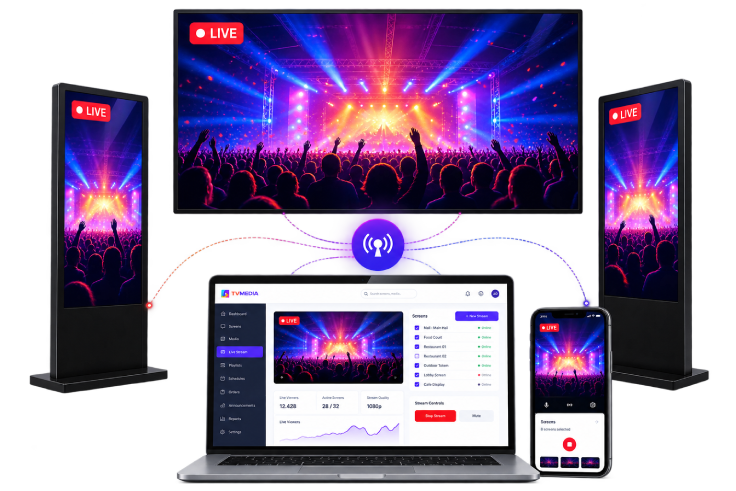 A live broadcast reaching a laptop, phone and TVMedia screens at once