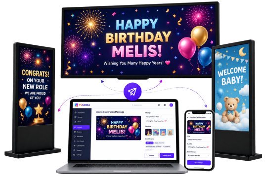Celebration messages on a TV, kiosks, laptop and phone
