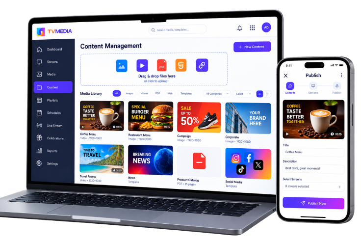 TVMedia content library and publish screen